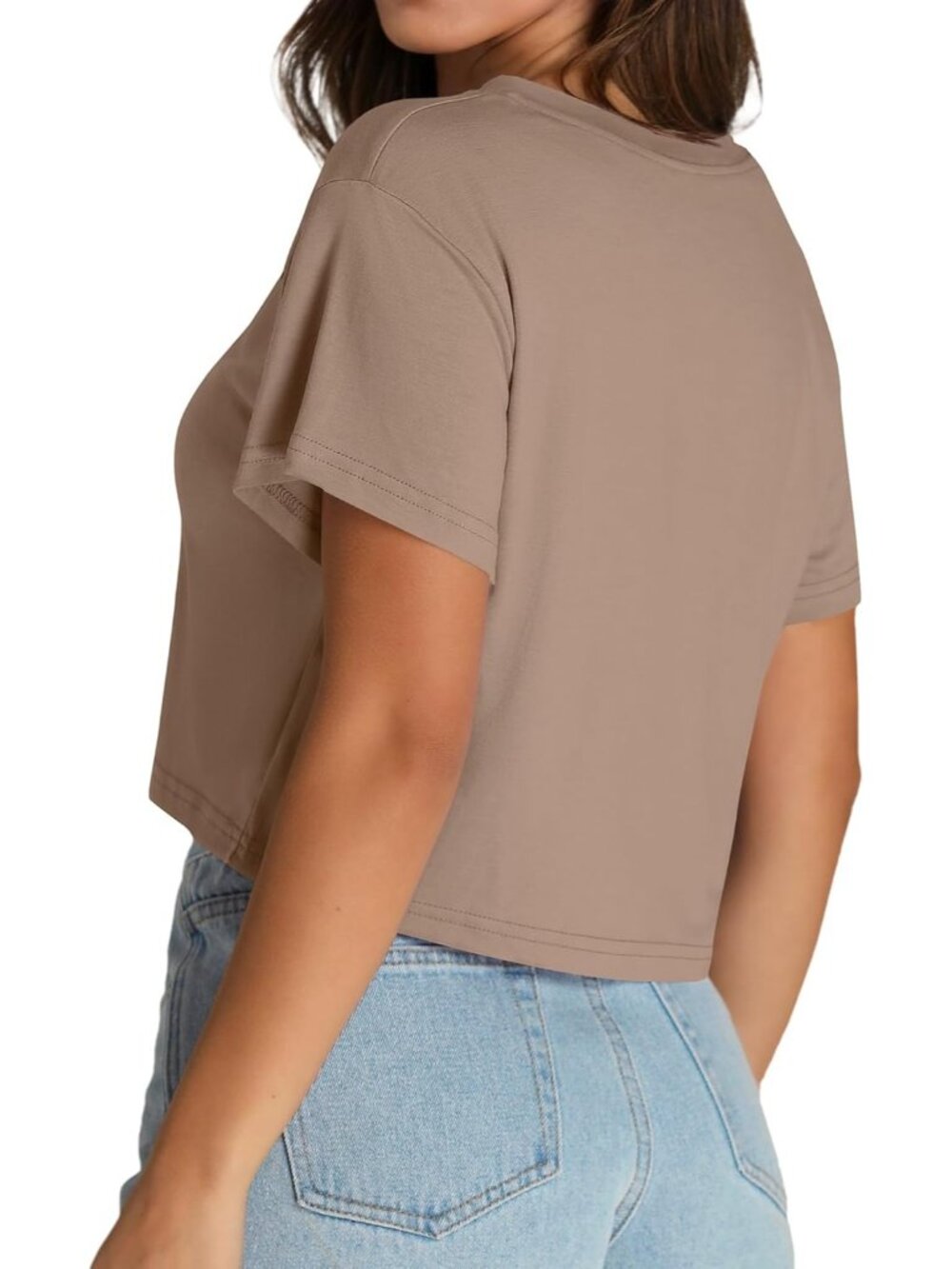 Women's Khaki Casual Summer Short Sleeve Tees V Neck Pull On Crop Tops - Picture 3 of 6
